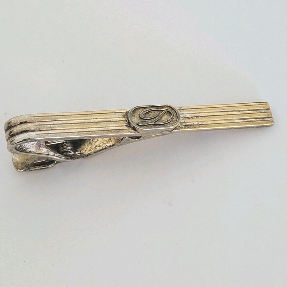 S.T. Dupont D Tie Bar Clip Clasp Gold Silver Tone 2in Logo Vintage Logo Fair